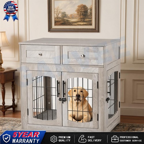 Gray dog crate furniture with - dog,